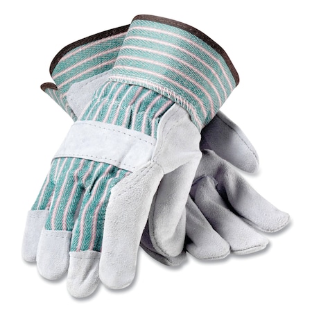 Bronze Series Leather/Fabric Work Gloves, Medium Size 8, Gray/Green, Pair, 12PK